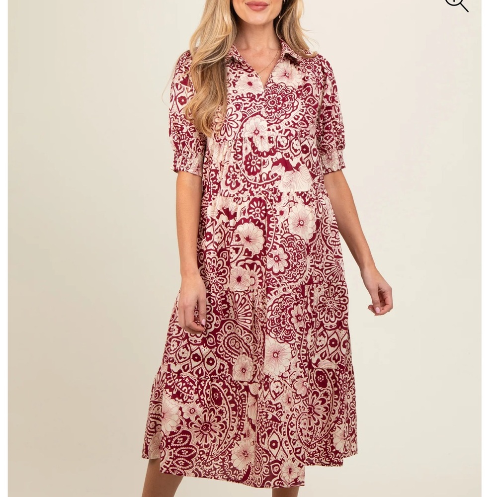 Burgundy Floral Collared Tiered Maternity Midi Dress